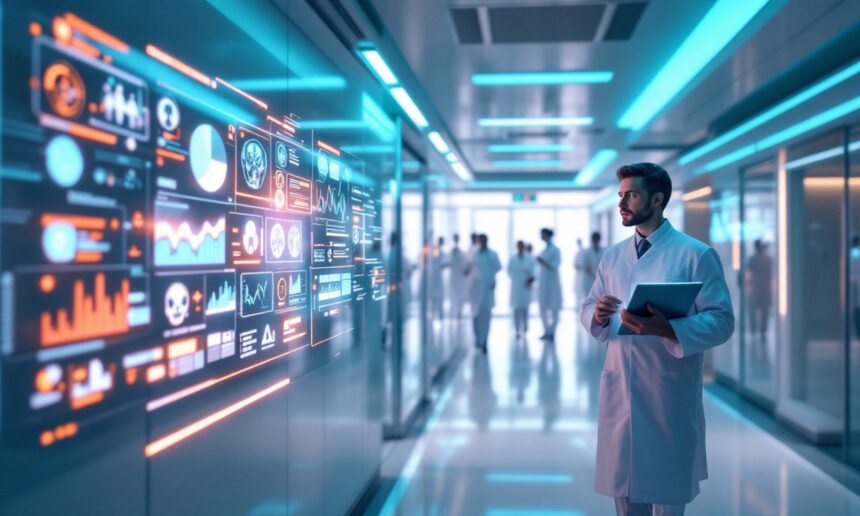 En forsker i kittel gennemgår data på en stor digital skærm i en futuristisk gang, mens andre forskere i kittel går rundt i baggrunden. Scenen er oplyst af blåt lys. - Kunstig intelligens AI